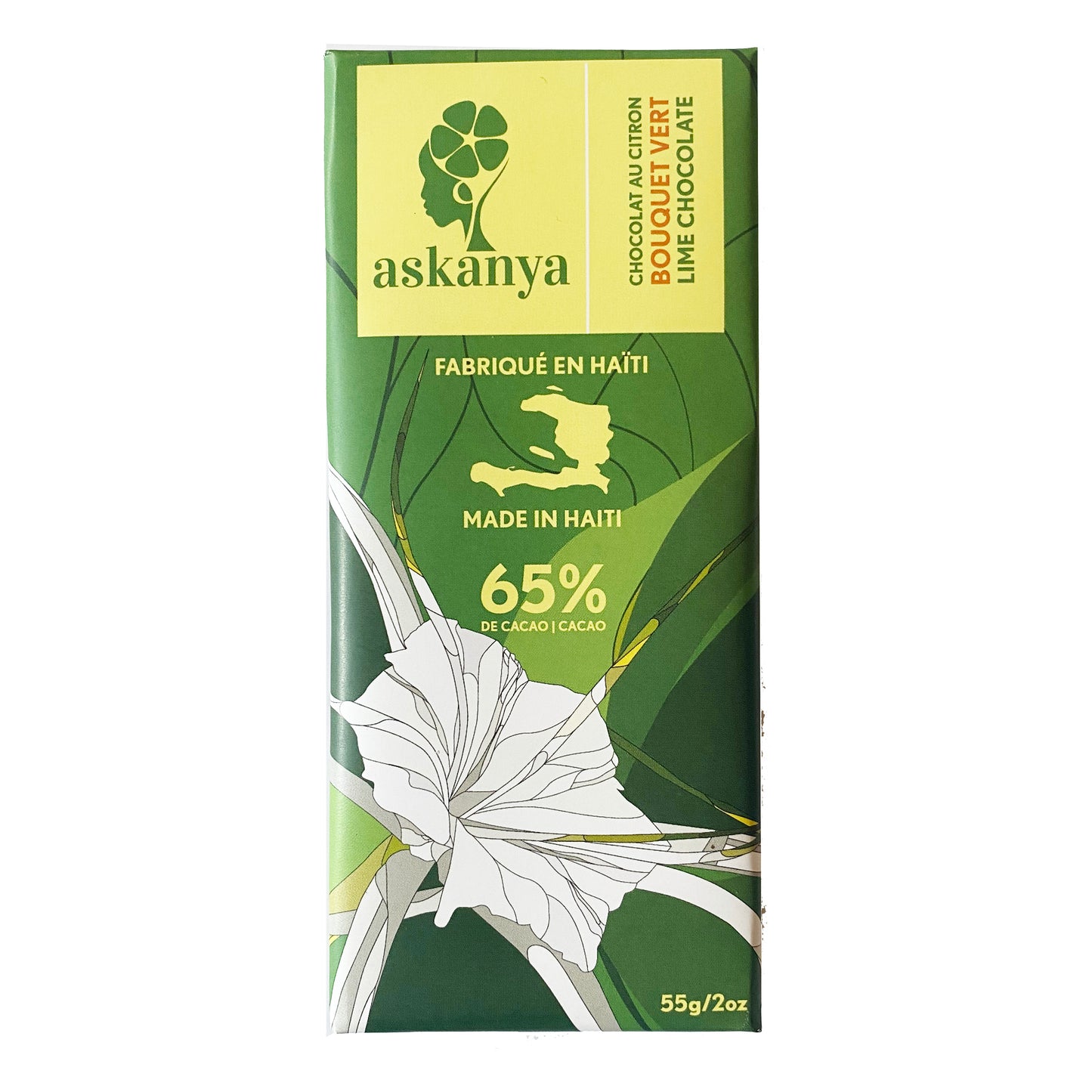 Green packaging with white lily (Haitian flower). Sticker with company logo (Askanya) and chocolate flavor information - Lime Chocolate  called "Bouquet Vert". Packaging also shows Haiti country map and cacao percentage of chocolate bar: 65%. Chocolate bar is 55g or 2oz.