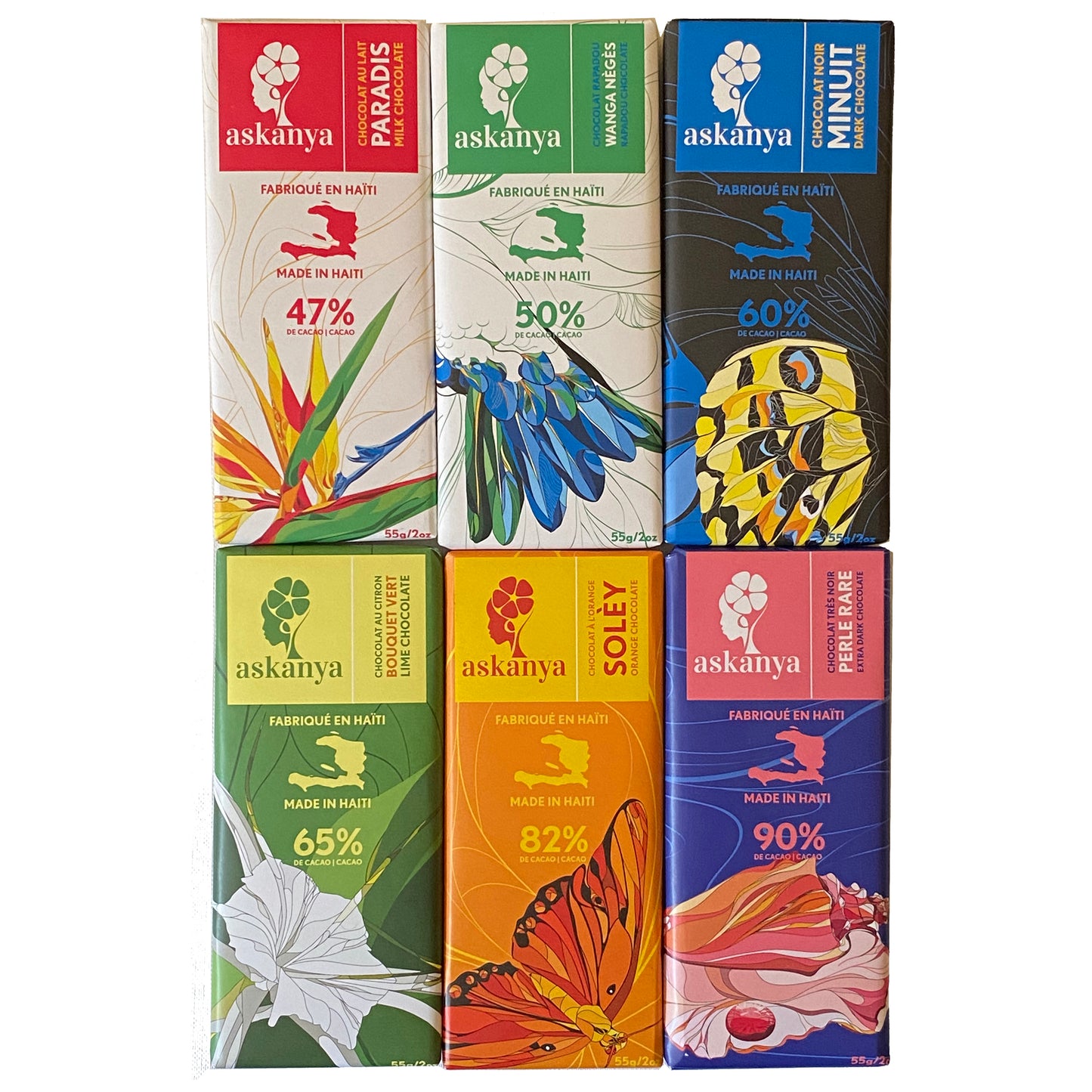 Black  packaging with yellow, orange, black and blue butterfly's wing (Haitian butterfly). Sticker with company logo (Askanya) and chocolate flavor information - Dark Chocolate  called "Minuit". Packaging also shows Haiti country map and cacao percentage of chocolate bar: 60%. Chocolate bar is 55g or 2oz.