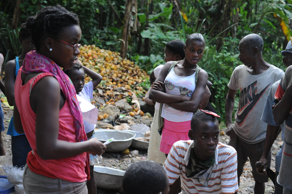 Corinne, founder at Askanya Chocolates, speaking with local Haitian farmers