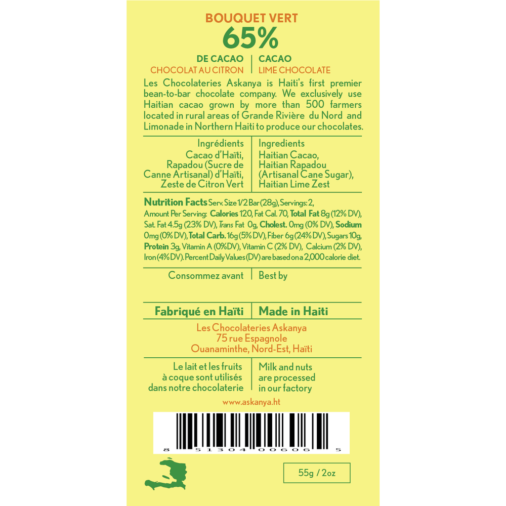 Bouquet Vert  Lime Chocolate Bar (65% Cacao)