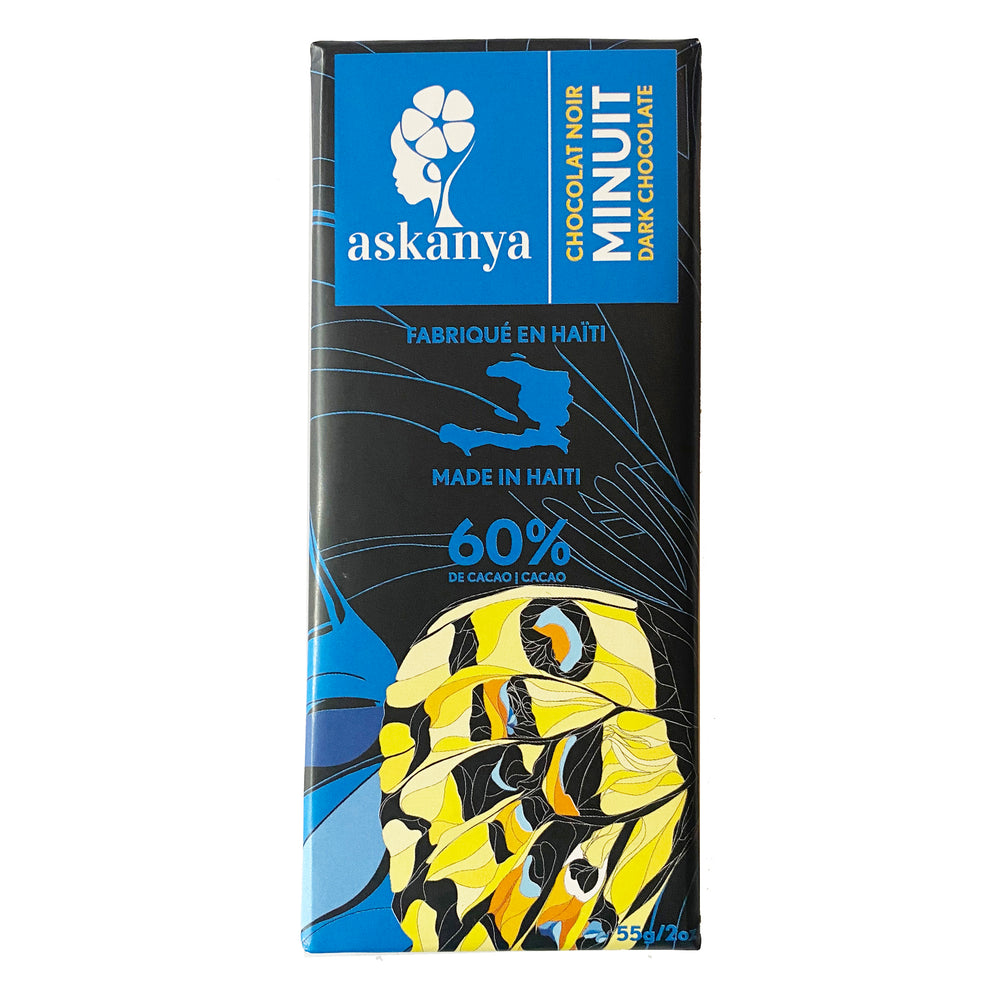 
                  
                    Black  packaging with yellow, orange, black and blue butterfly's wing (Haitian butterfly). Sticker with company logo (Askanya) and chocolate flavor information - Dark Chocolate  called "Minuit". Packaging also shows Haiti country map and cacao percentage of chocolate bar: 60%. Chocolate bar is 55g or 2oz.
                  
                