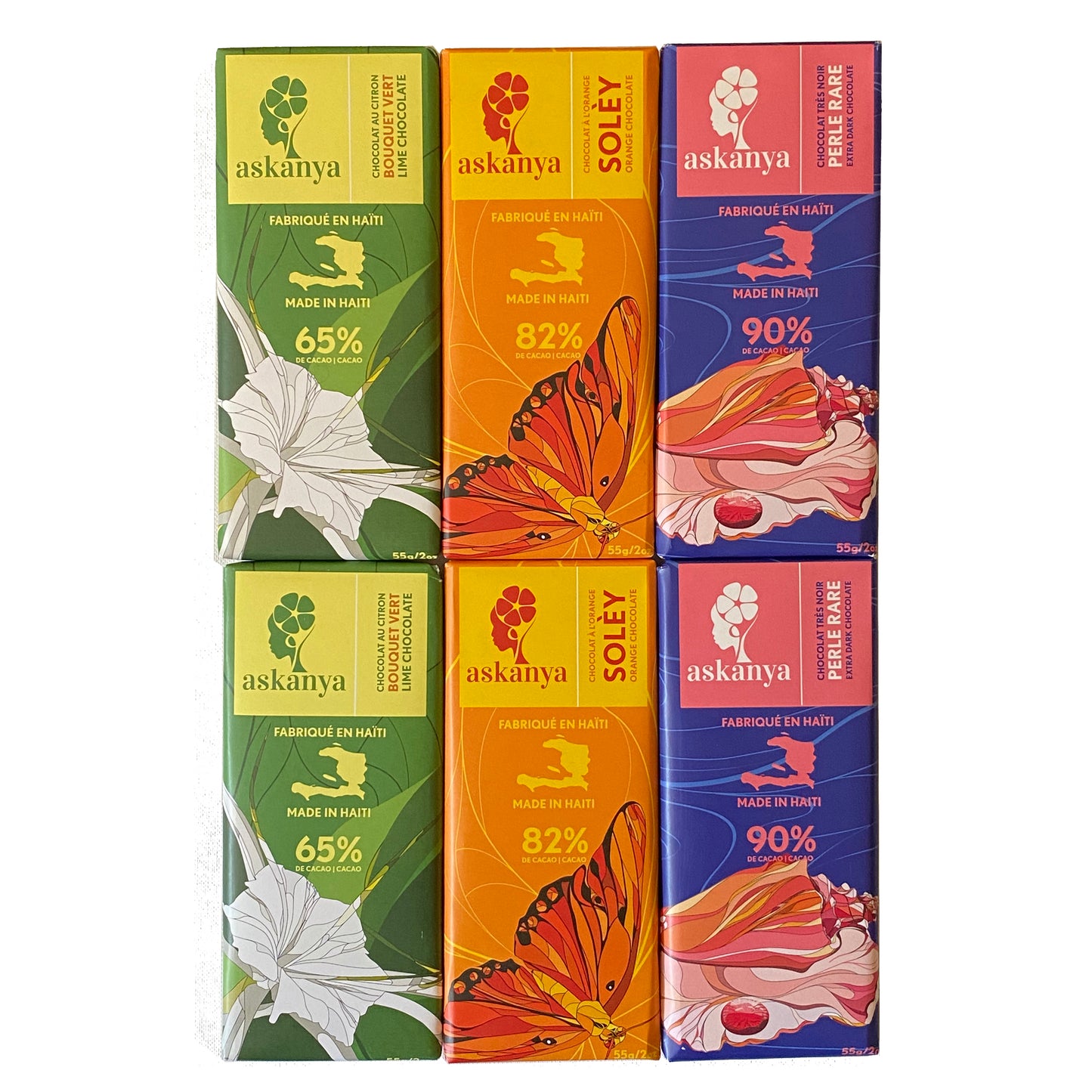 6 Vegan Chocolates Bars in 3 Flavors - 2 Bouquet Vert (Lime Chocolate - 65% Cacao), 2 Soley (Orange Chocolate - 82% Cacao) and Perle Rare (Extra Dark Chocolate - 90% Cacao). Each bar weighs 2 oz