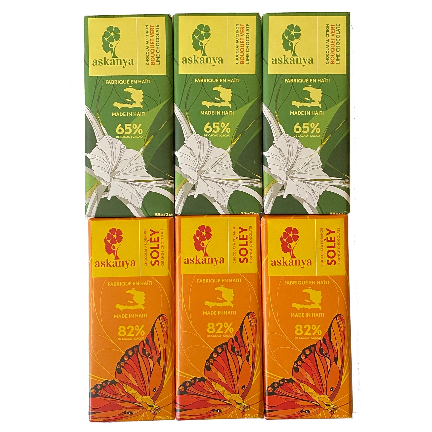 6 Chocolates Bars - 3 Bouquet Vert (Lime Chocolate - 65% Cacao) and 3 Soley (Orange Chocolate - 82% Cacao). Each bar weighs 2 oz