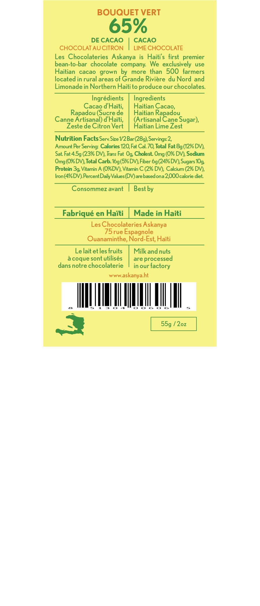 
                  
                    Back Sticker for Bouquet Vert - Lime Chocolate Bar with 65% Haitian Cacao. Includes Company Information, Ingredients, Nutritional Facts, Best By and Production Location
                  
                