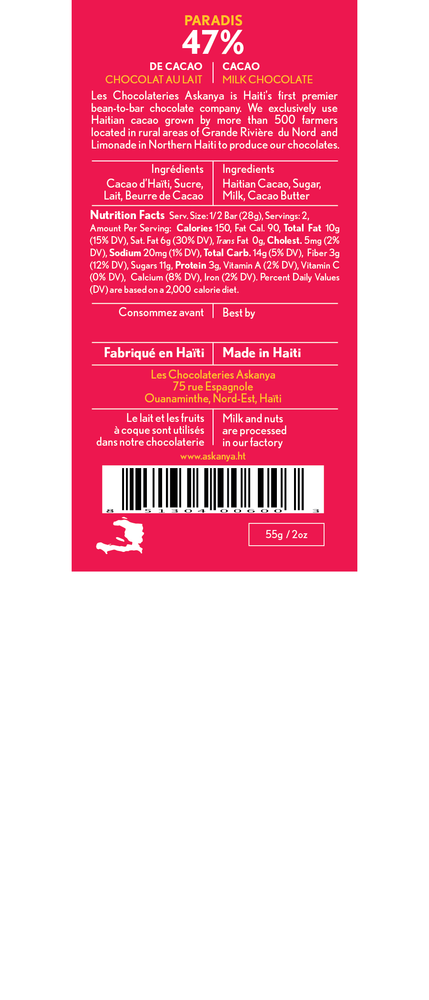 
                  
                    Back Sticker for Paradis - Milk Chocolate Bar with 47% Haitian Cacao. Includes Company Information, Ingredients, Nutritional Facts, Best By and Production Location
                  
                