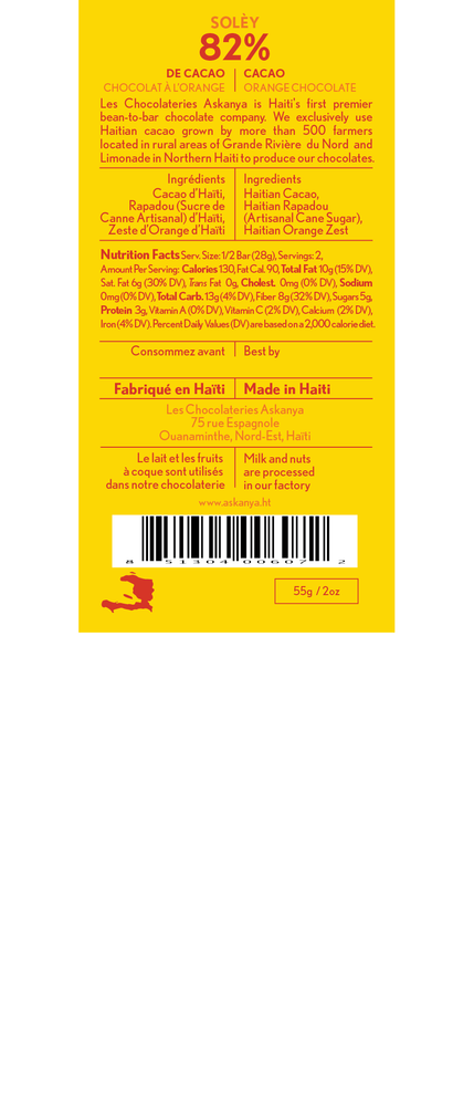 
                  
                    Back Sticker for Soley - Orange Chocolate Bar with 82% Haitian Cacao. Includes Company Information, Ingredients, Nutritional Facts, Best By and Production Location
                  
                